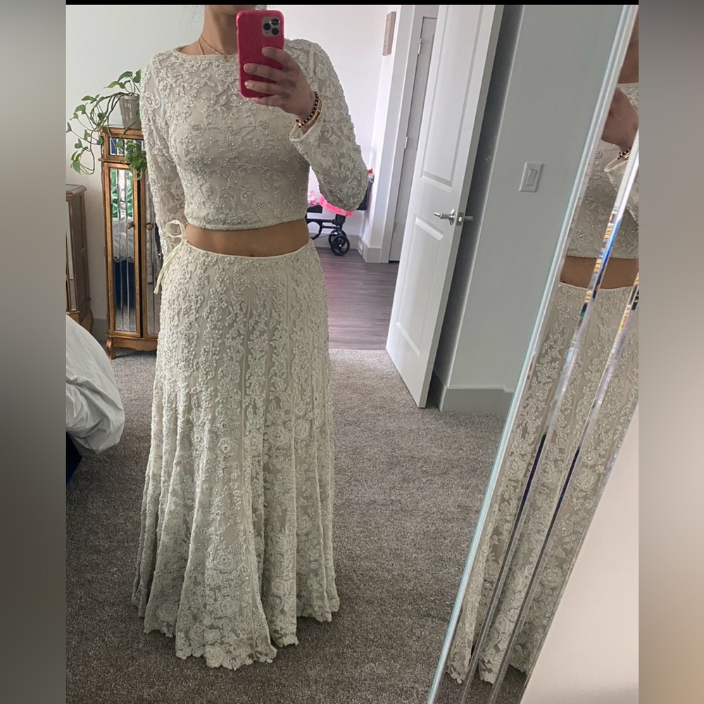 Light gray Indian Lengha sheer long sleeves and pearl beading